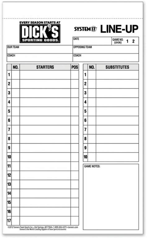 Baseball Lineup Card .